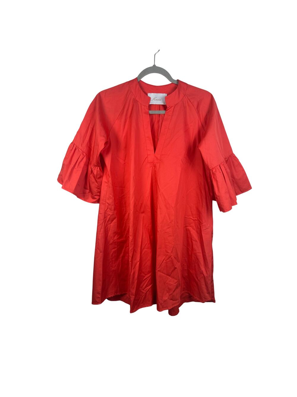 Kasia Coral Orange Cotton Poplin Ruffle Sleeve Split V-Neck Shift Dress Sz XS